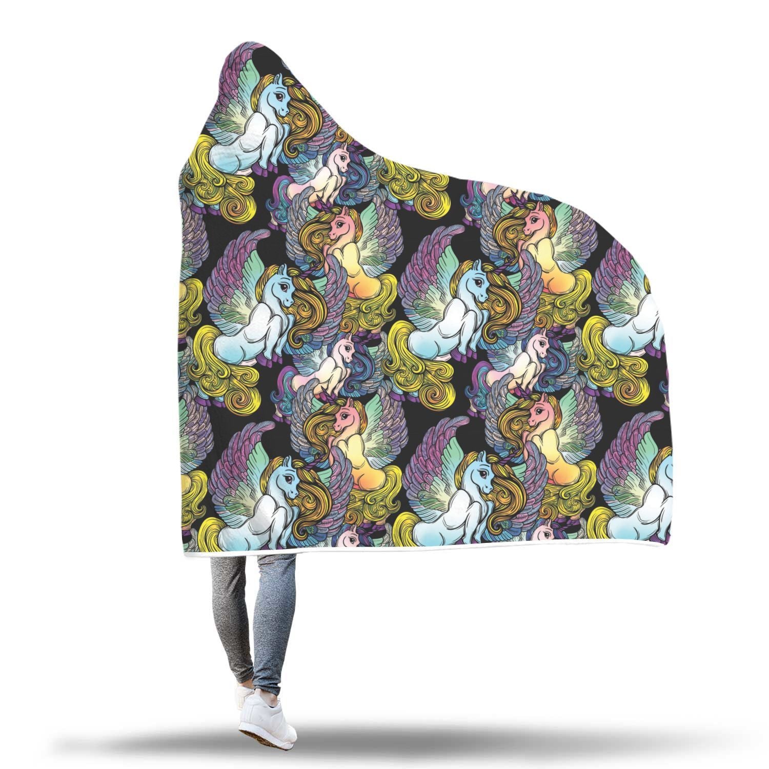 Unicorn Cartoon Pattern Print Hooded Blanket-grizzshop