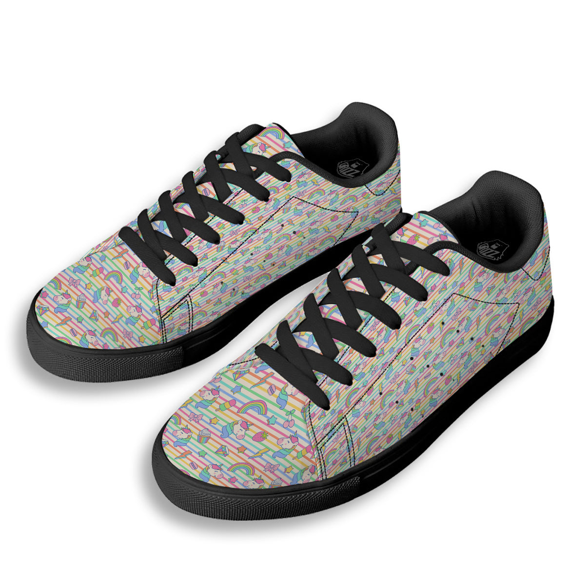 Unicorn Cute Rainbow Print Pattern Black Low Top Sneakers-grizzshop