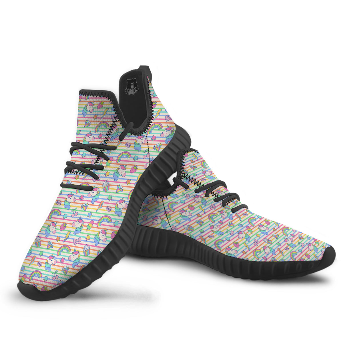Unicorn Cute Rainbow Print Pattern Black Walking Shoes-grizzshop