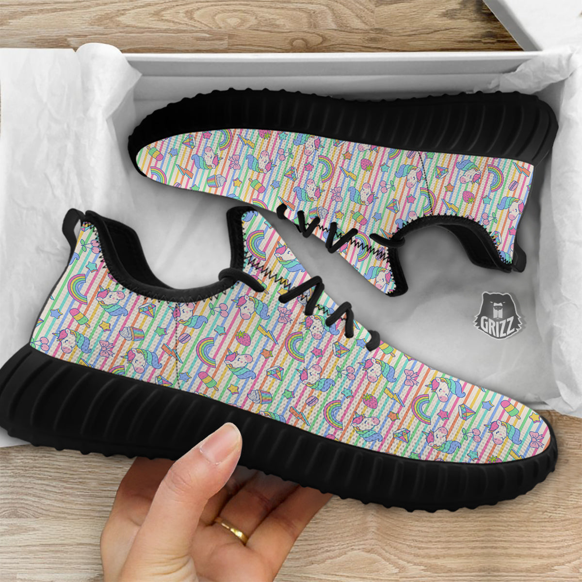 Unicorn Cute Rainbow Print Pattern Black Walking Shoes-grizzshop
