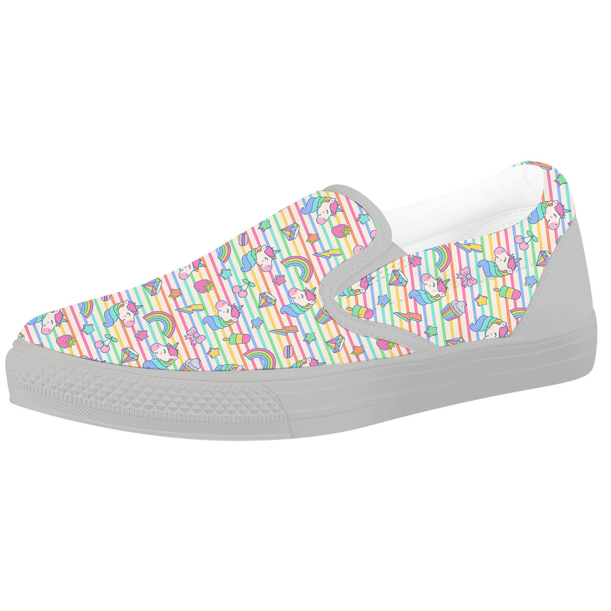 Unicorn Cute Rainbow Print Pattern White Slip On Shoes-grizzshop
