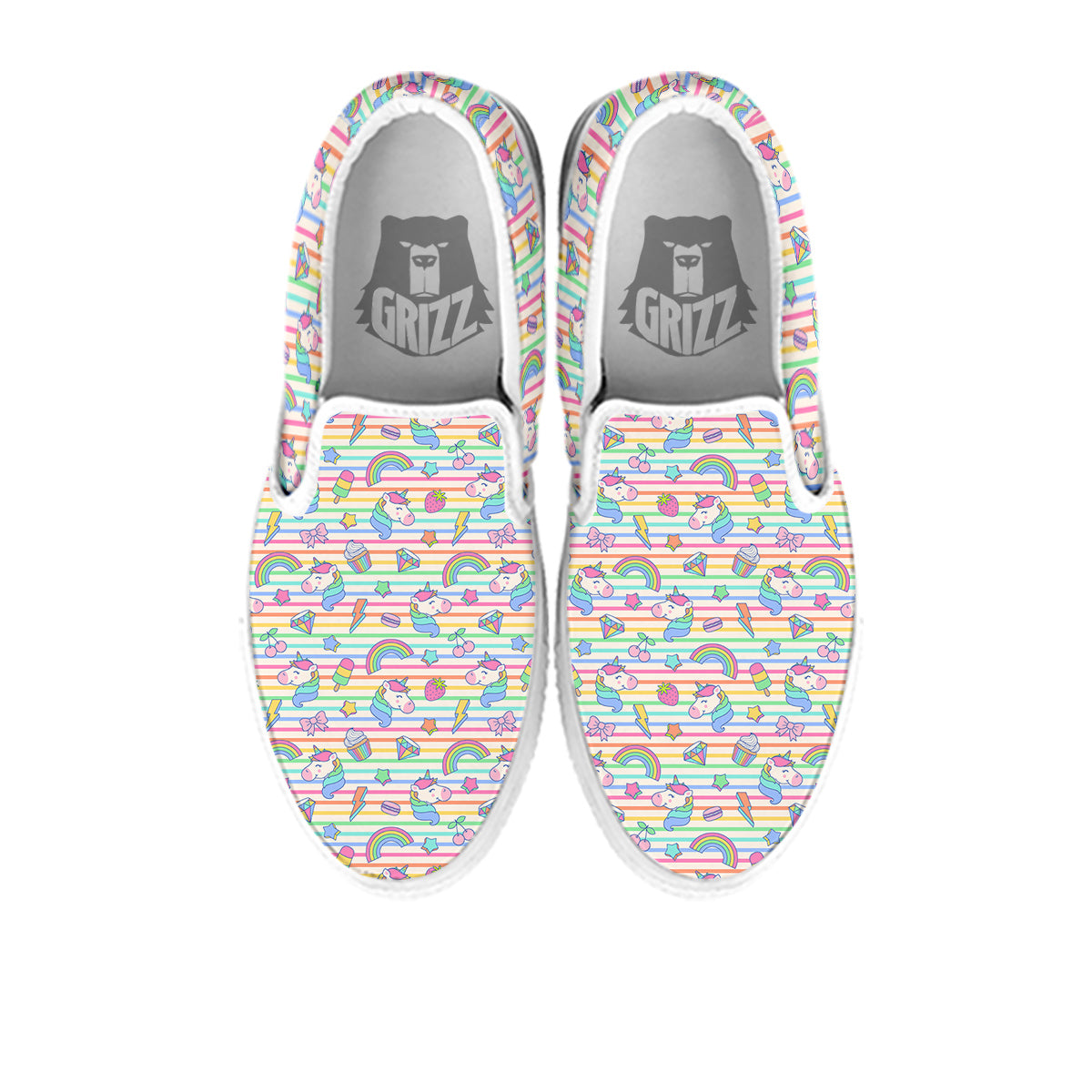 Unicorn Cute Rainbow Print Pattern White Slip On Shoes-grizzshop