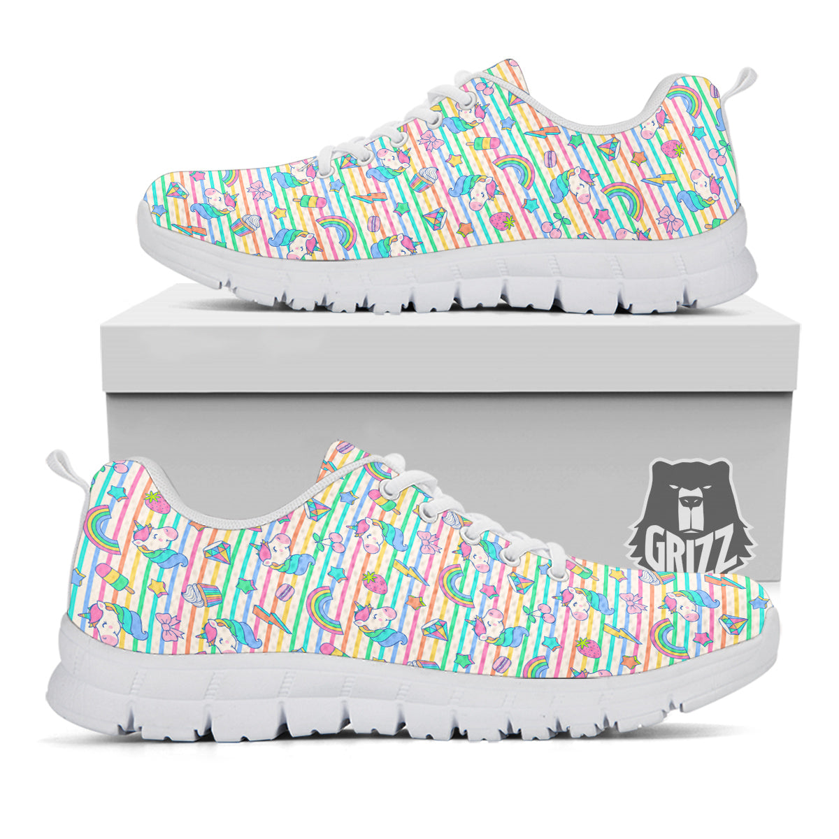 Unicorn Cute Rainbow Print Pattern White Sneaker-grizzshop