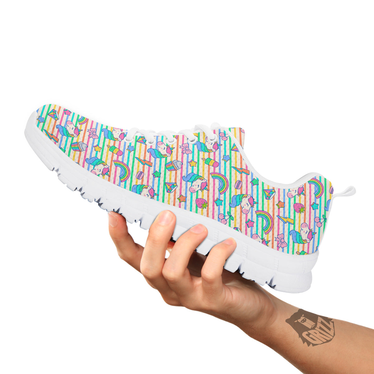 Unicorn Cute Rainbow Print Pattern White Sneaker-grizzshop