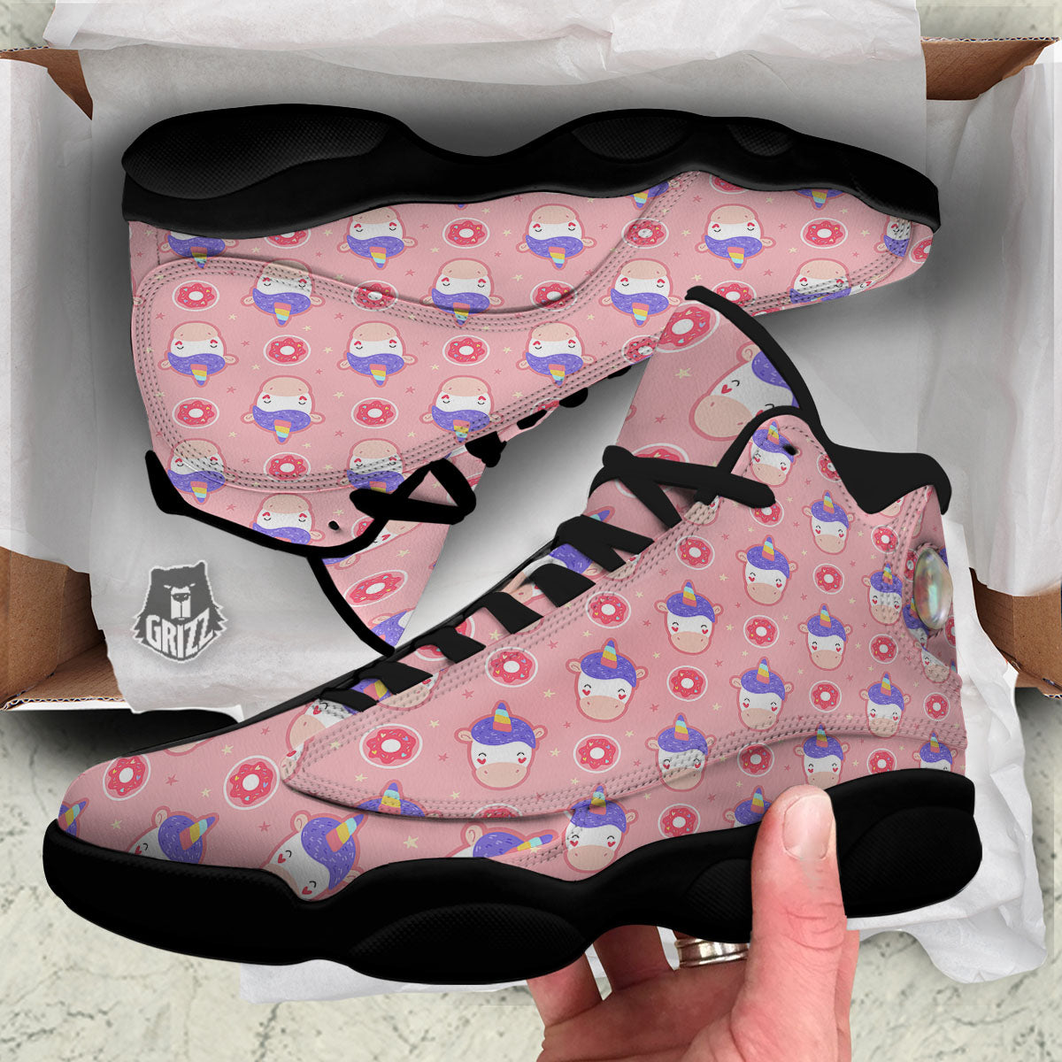 Unicorn Donut Pink Girly Print Pattern Black Basketball Shoes-grizzshop