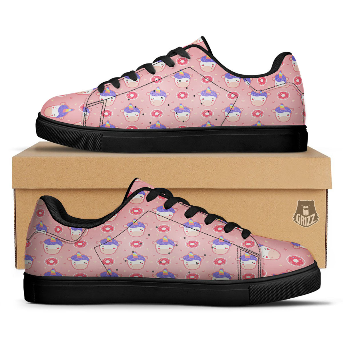 Unicorn Donut Pink Girly Print Pattern Black Low Top Sneakers-grizzshop