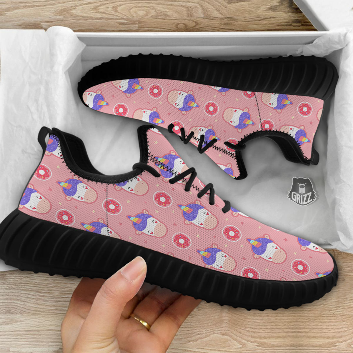 Unicorn Donut Pink Girly Print Pattern Black Walking Shoes-grizzshop