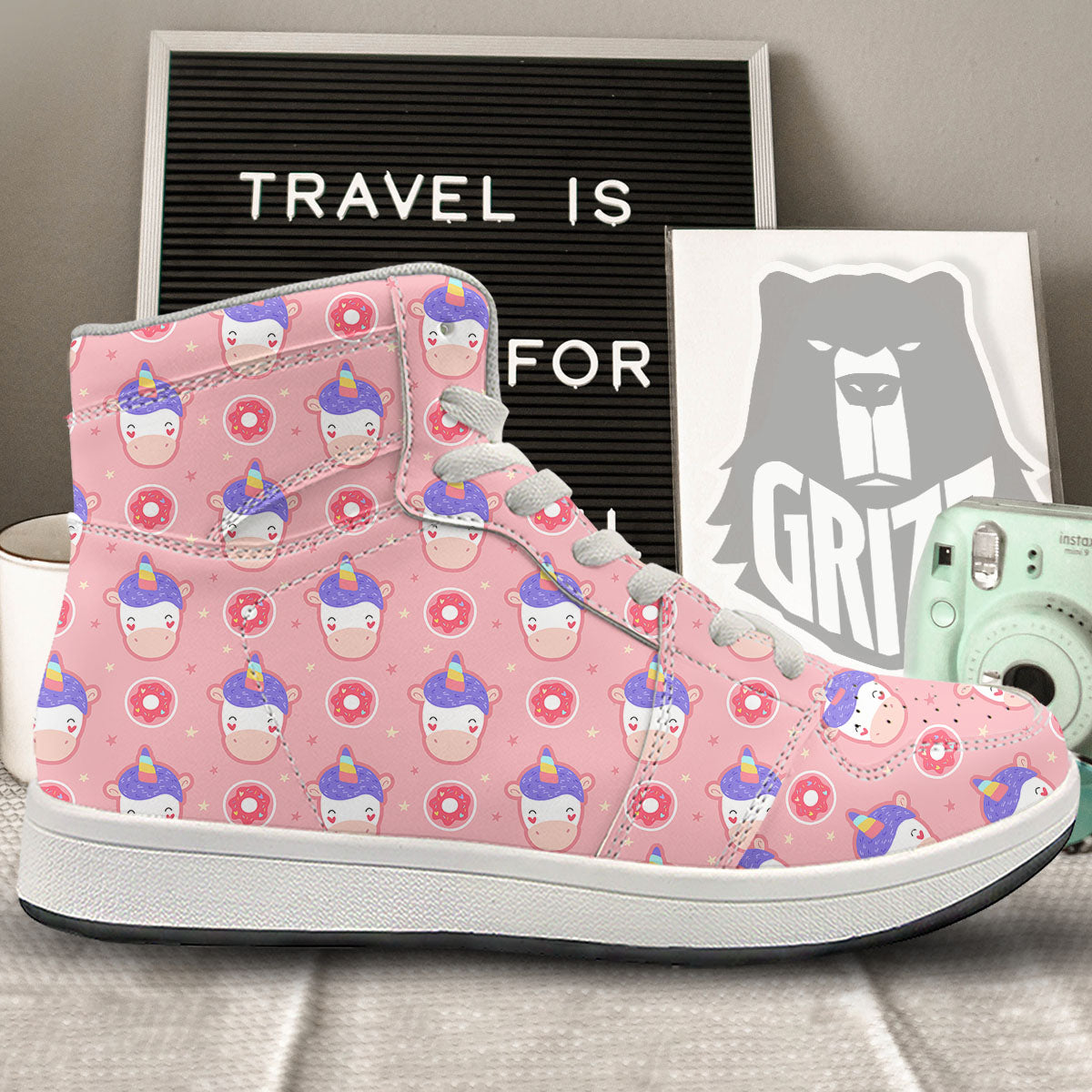 Unicorn Donut Pink Girly Print Pattern High Top Sneakers-grizzshop
