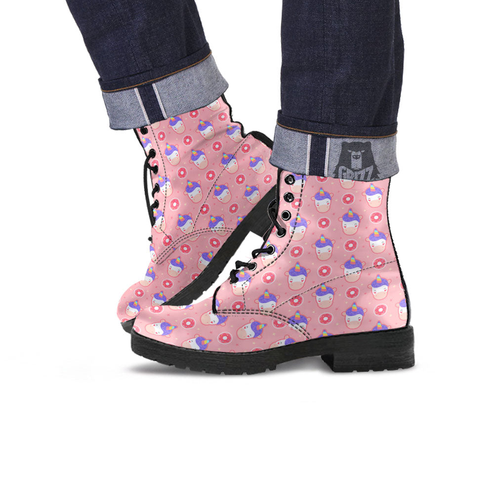 Unicorn Donut Pink Girly Print Pattern Leather Boots-grizzshop
