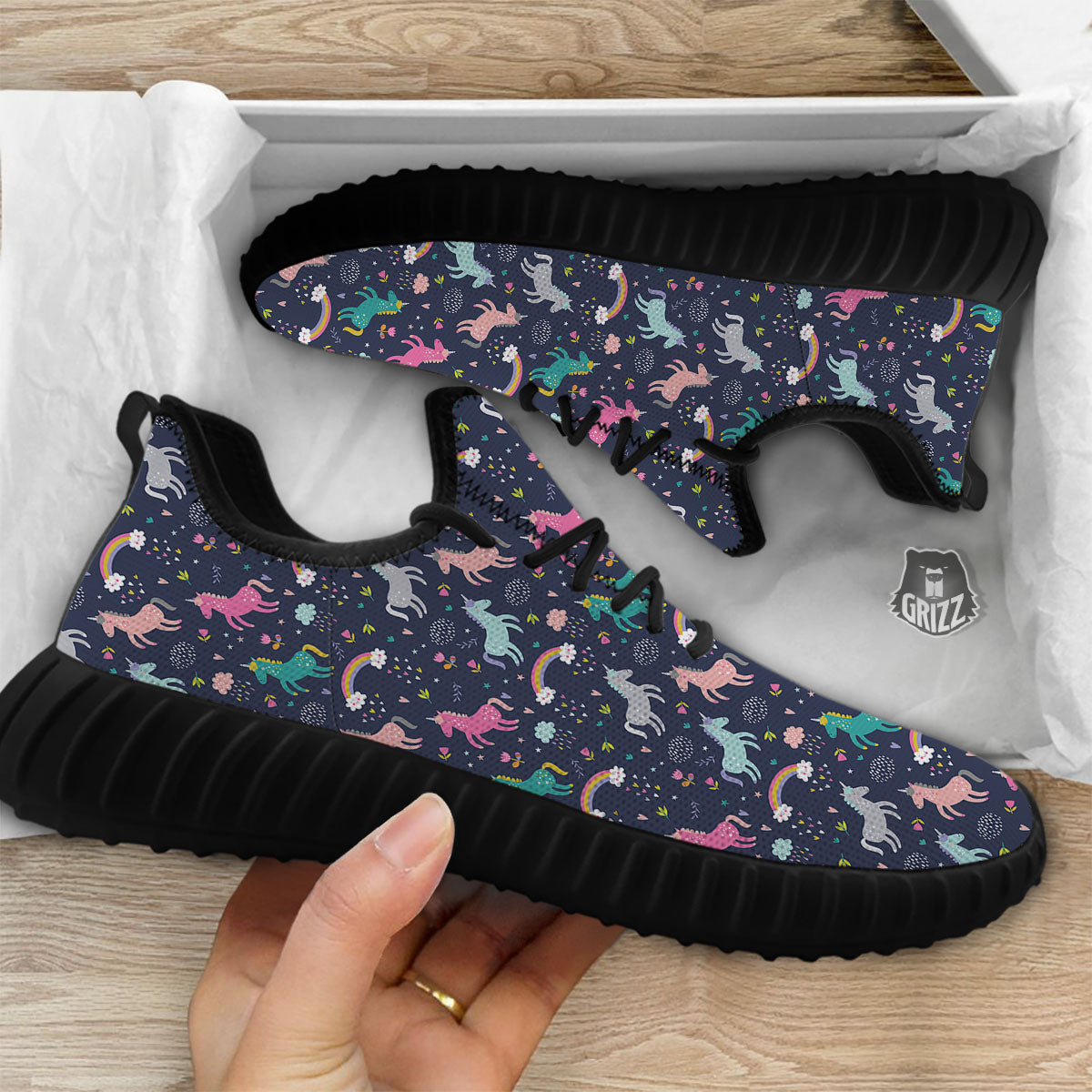 Unicorn Doodle Print Pattern Black Walking Shoes-grizzshop