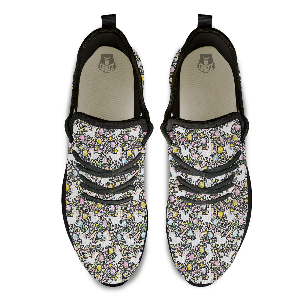 Unicorn Fairy Floral Print Pattern Black Athletic Shoes-grizzshop