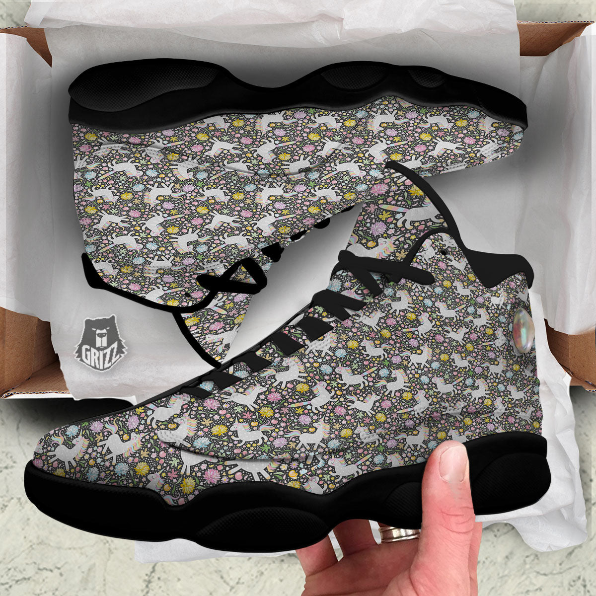 Unicorn Fairy Floral Print Pattern Black Basketball Shoes-grizzshop