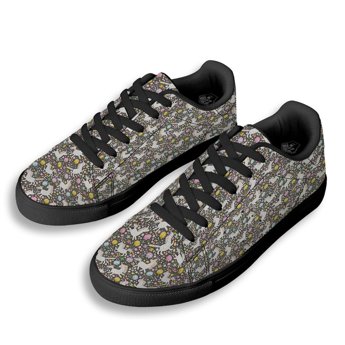 Unicorn Fairy Floral Print Pattern Black Low Top Sneakers-grizzshop