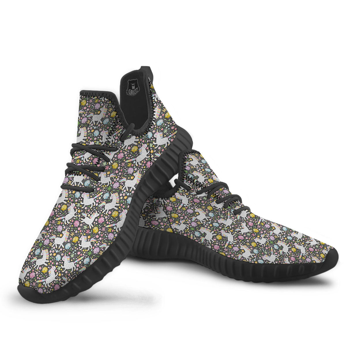 Unicorn Fairy Floral Print Pattern Black Walking Shoes-grizzshop
