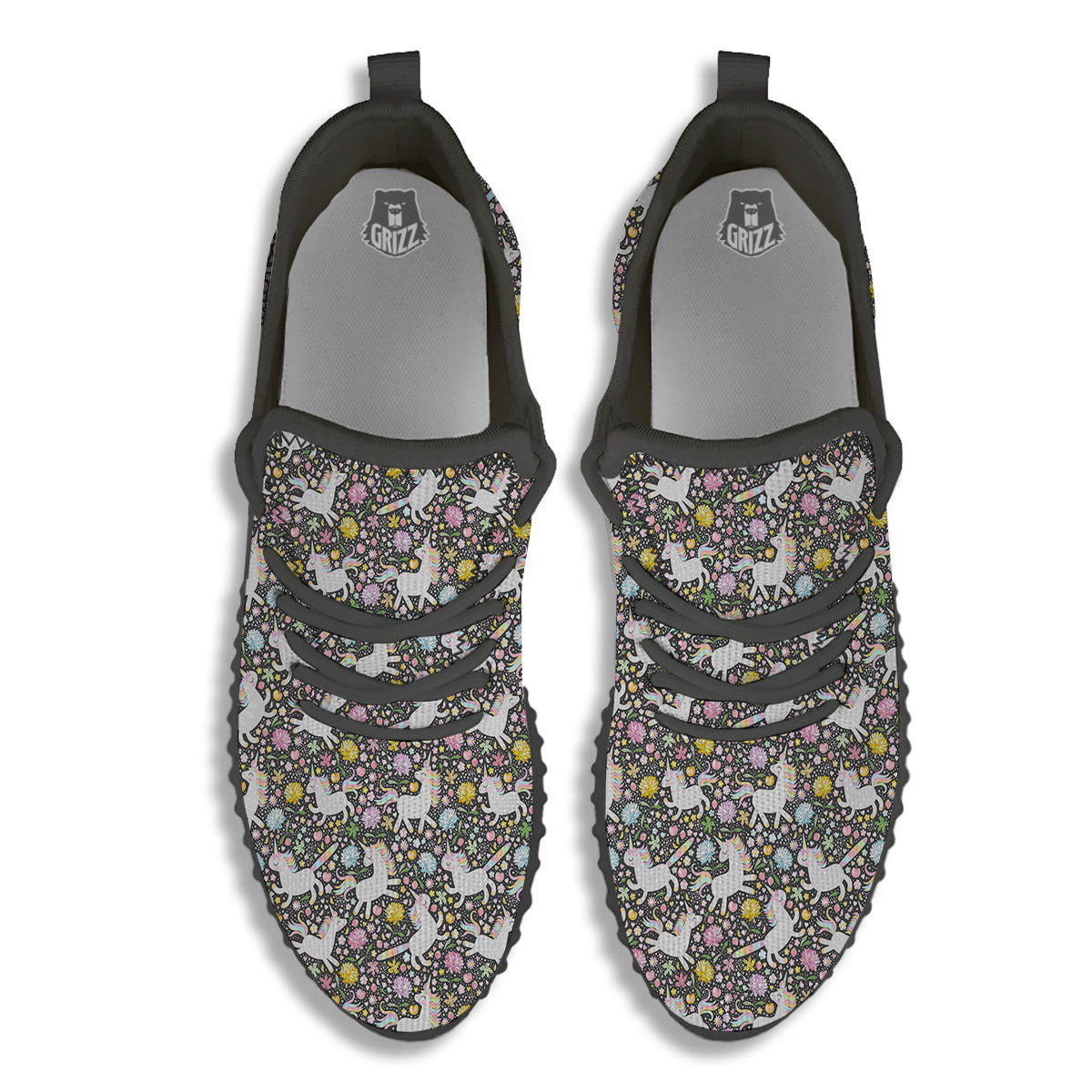 Unicorn Fairy Floral Print Pattern Black Walking Shoes-grizzshop