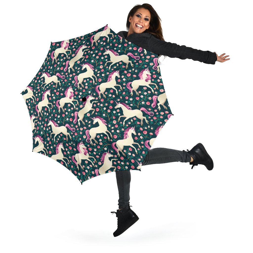 Unicorn Floral Pattern Print Automatic Foldable Umbrella-grizzshop