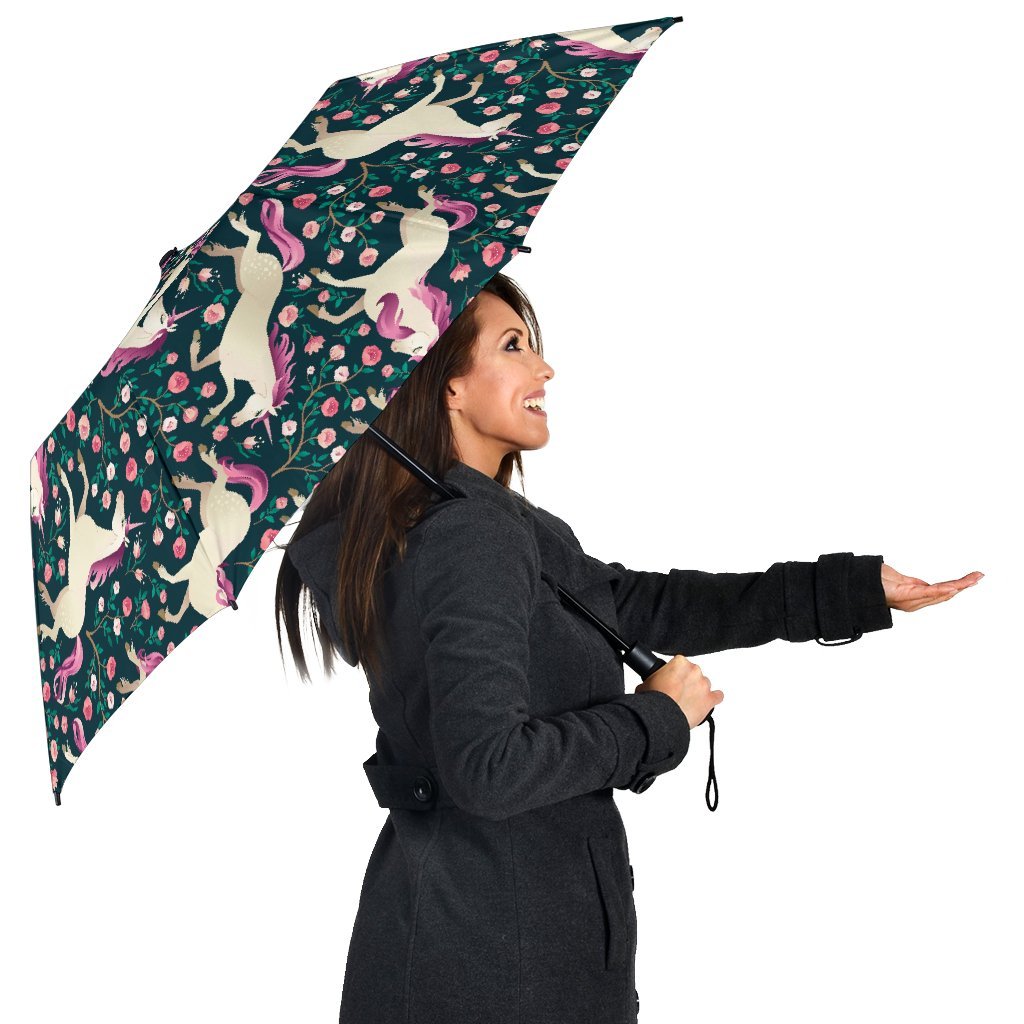 Unicorn Floral Pattern Print Automatic Foldable Umbrella-grizzshop
