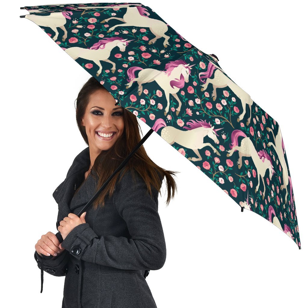 Unicorn Floral Pattern Print Automatic Foldable Umbrella-grizzshop