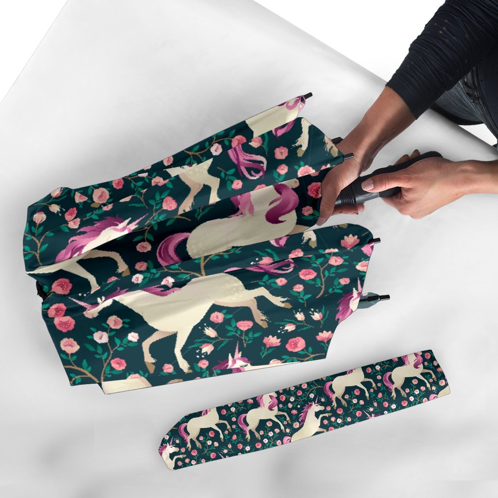 Unicorn Floral Pattern Print Automatic Foldable Umbrella-grizzshop