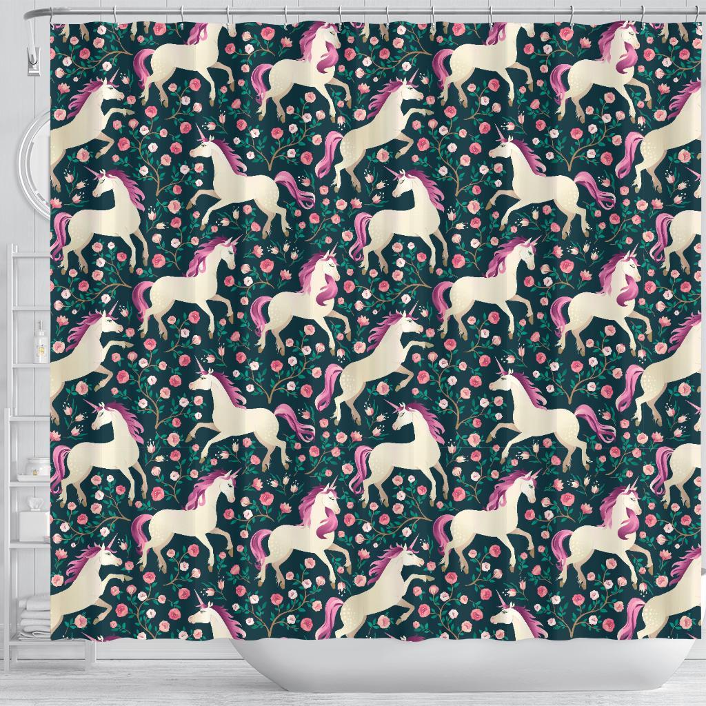 Unicorn Floral Pattern Print Bathroom Shower Curtain-grizzshop