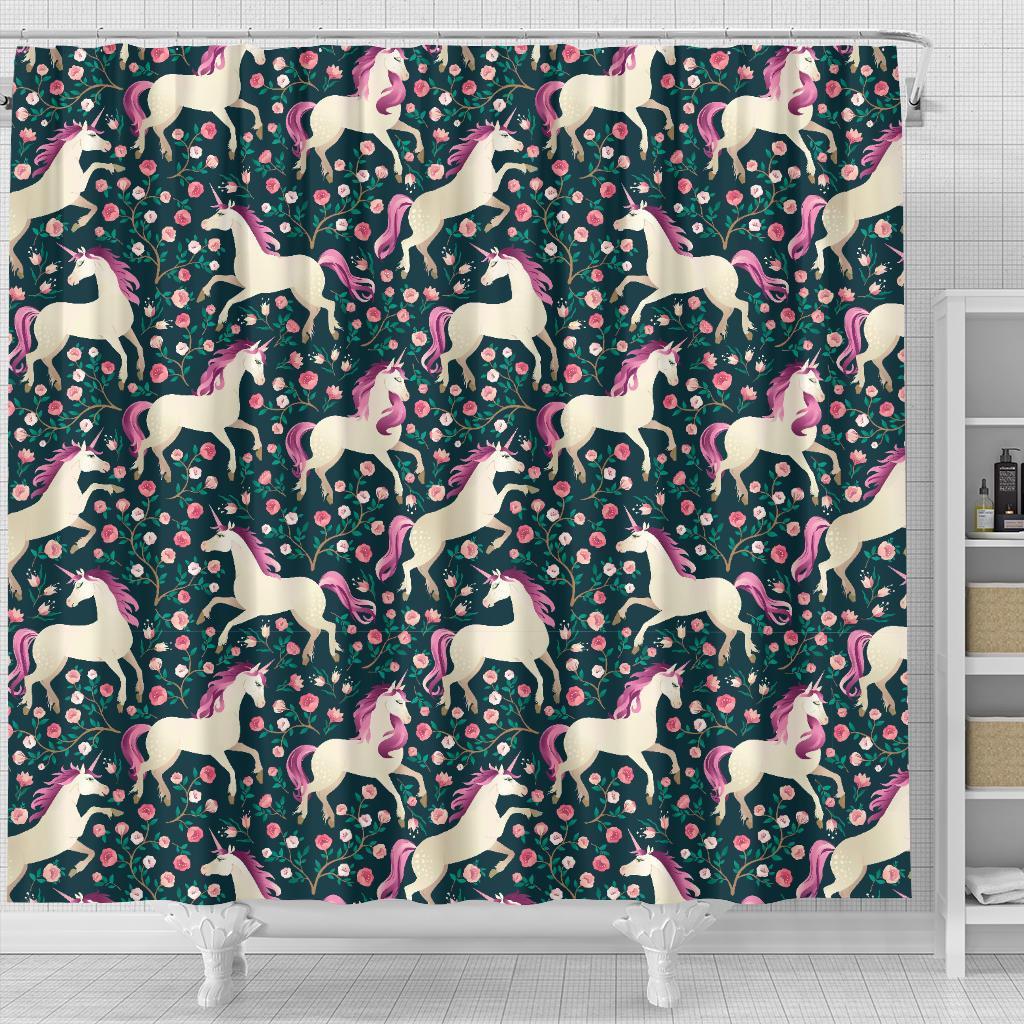 Unicorn Floral Pattern Print Bathroom Shower Curtain-grizzshop