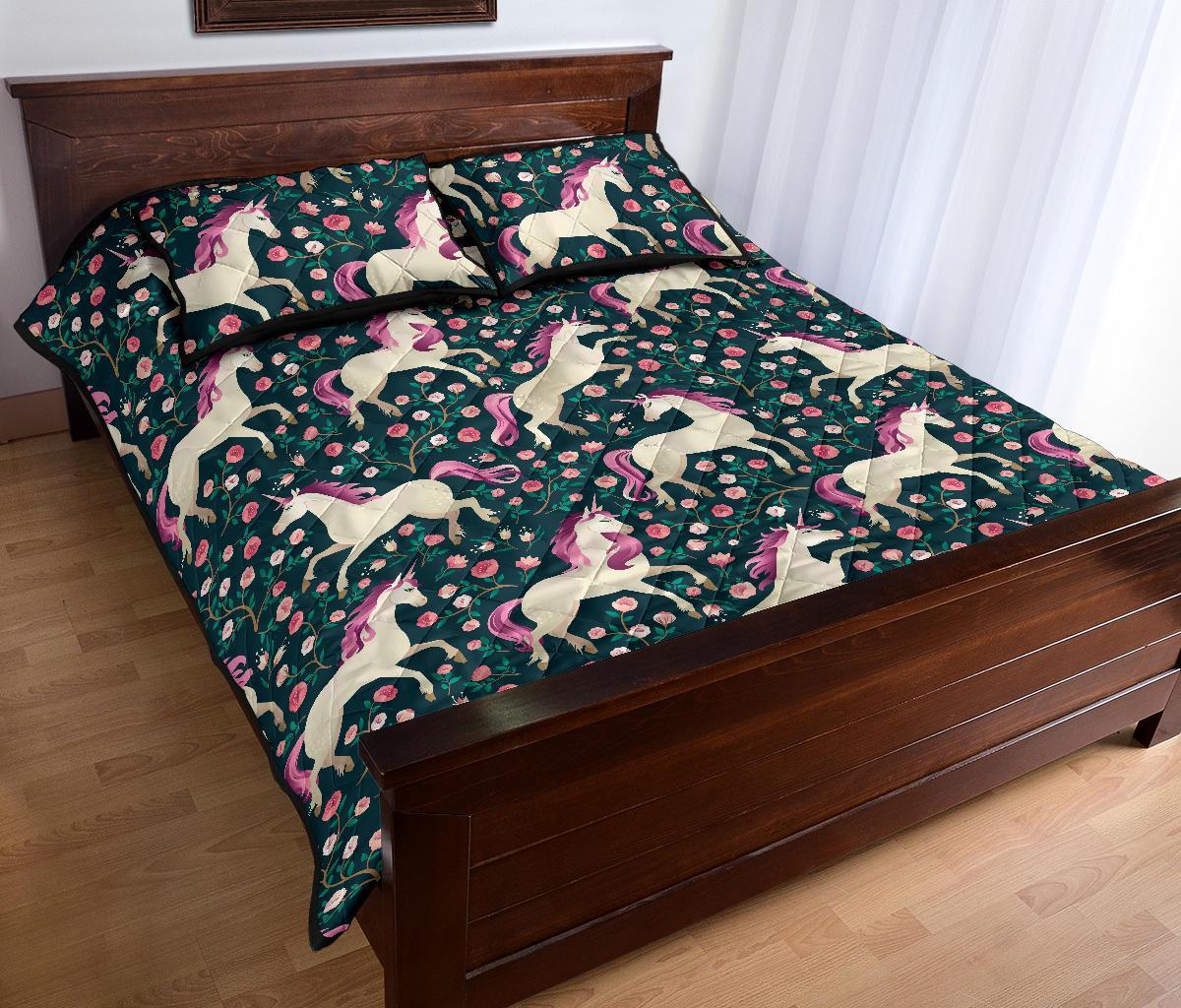 Unicorn Floral Pattern Print Bed Set Quilt-grizzshop