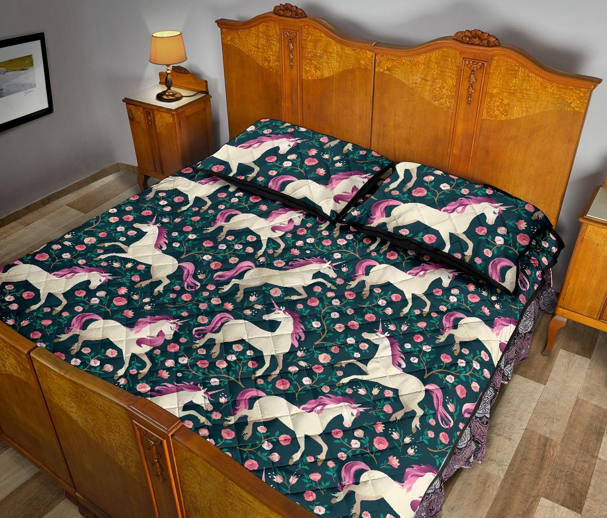 Unicorn Floral Pattern Print Bed Set Quilt-grizzshop