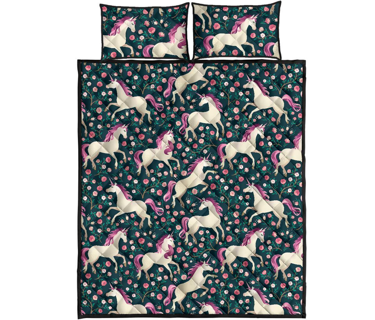 Unicorn Floral Pattern Print Bed Set Quilt-grizzshop