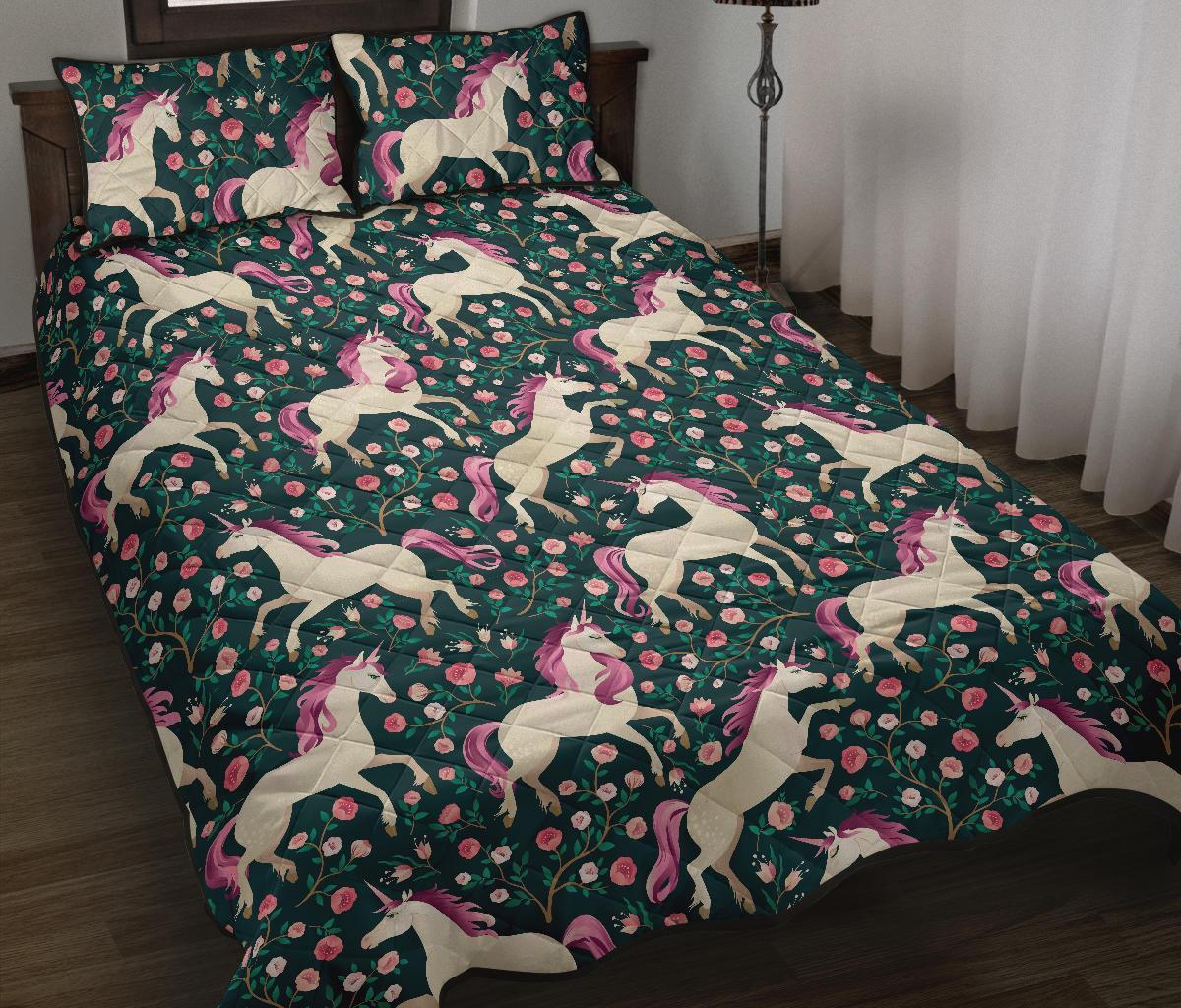 Unicorn Floral Pattern Print Bed Set Quilt-grizzshop