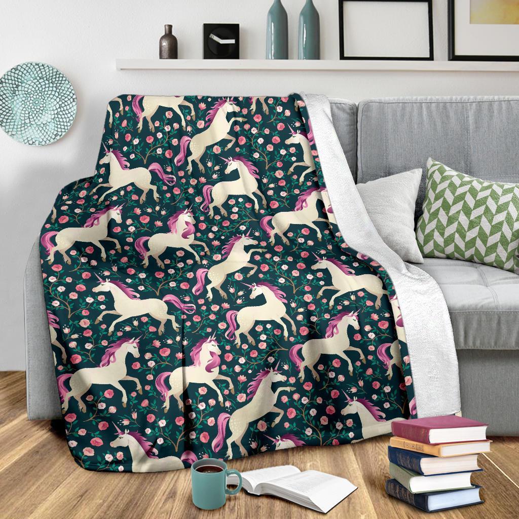Unicorn Floral Pattern Print Blanket-grizzshop
