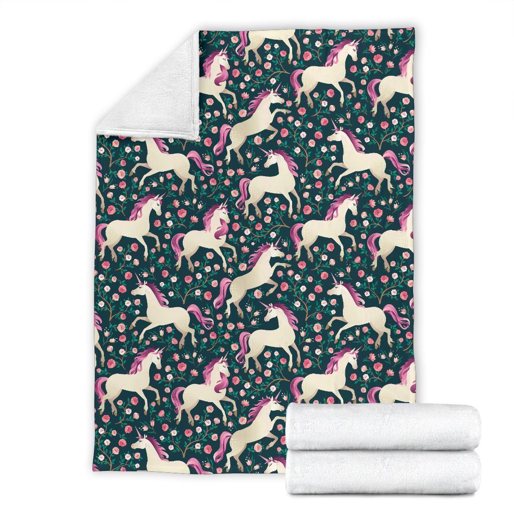 Unicorn Floral Pattern Print Blanket-grizzshop