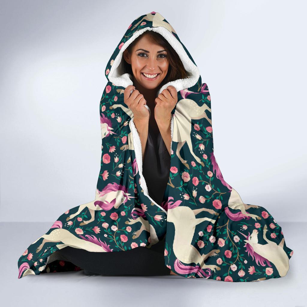 Unicorn Floral Pattern Print Hooded Blanket-grizzshop