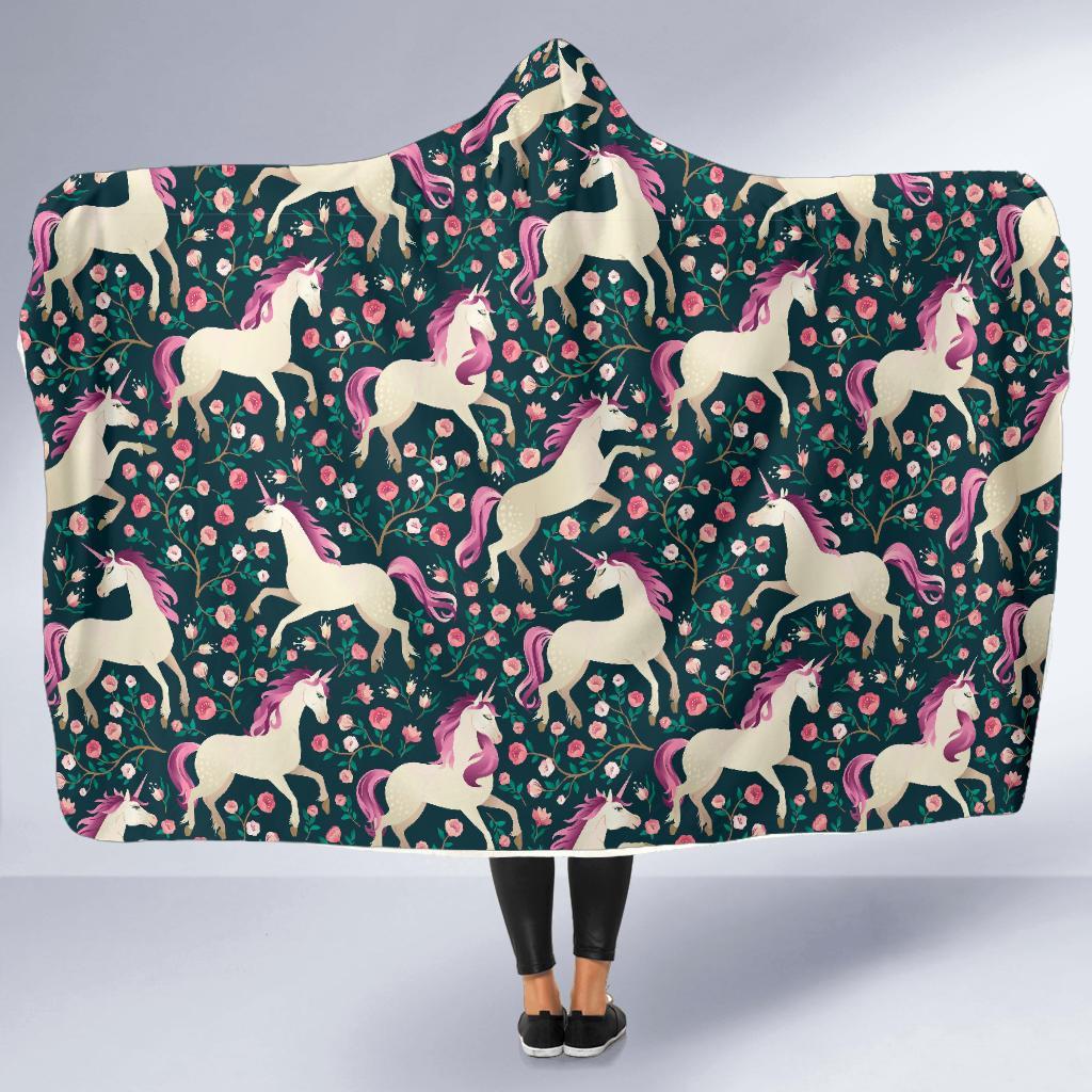Unicorn Floral Pattern Print Hooded Blanket-grizzshop