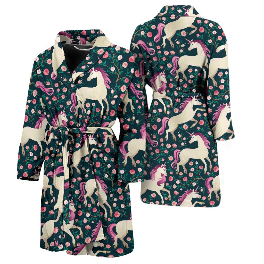 Unicorn Floral Pattern Print Men Long Robe-grizzshop