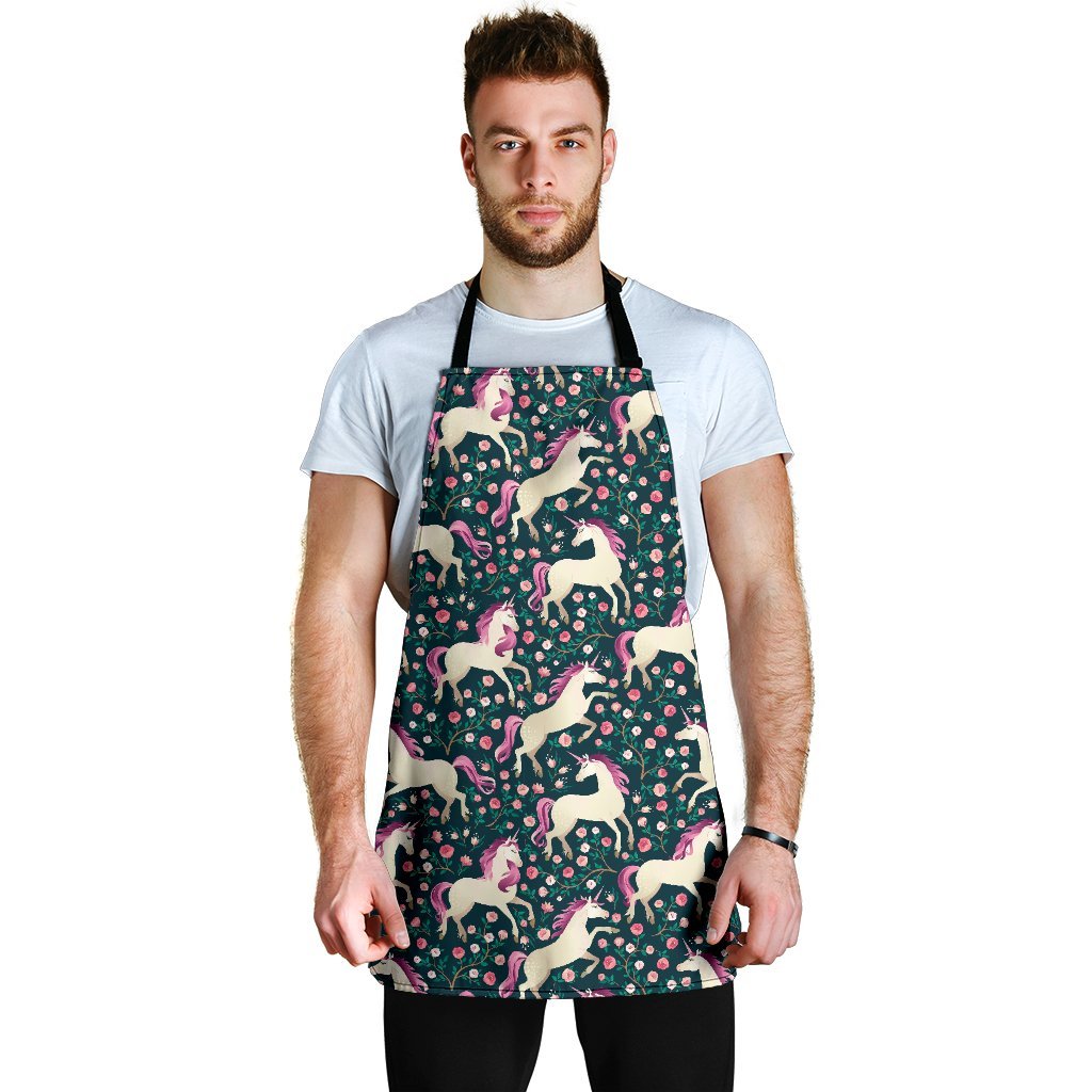 Unicorn Floral Pattern Print Men's Apron-grizzshop