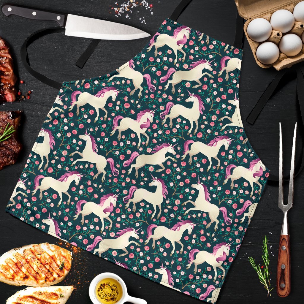 Unicorn Floral Pattern Print Men's Apron-grizzshop