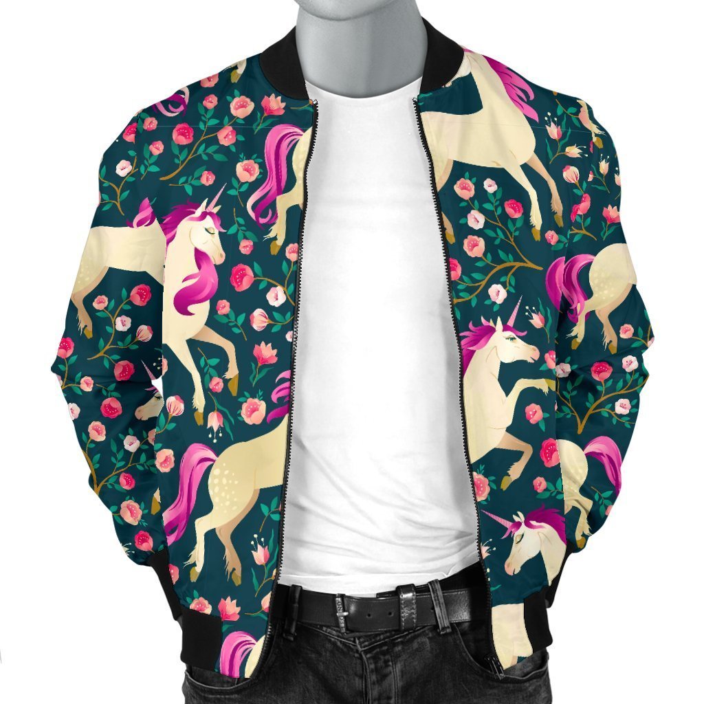 Unicorn Floral Pattern Print Men's Bomber Jacket-grizzshop