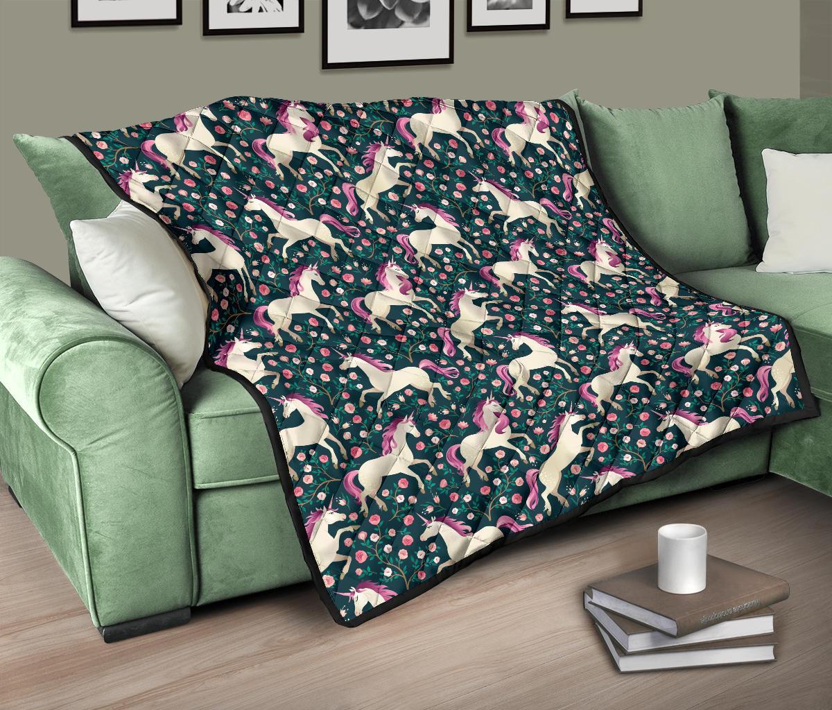 Unicorn Floral Pattern Print Quilt-grizzshop