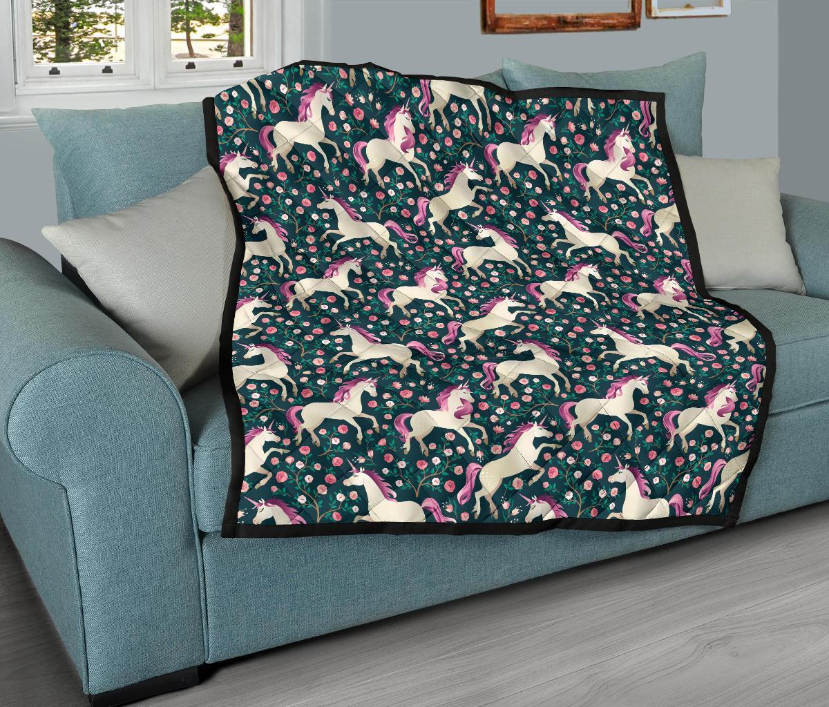 Unicorn Floral Pattern Print Quilt-grizzshop