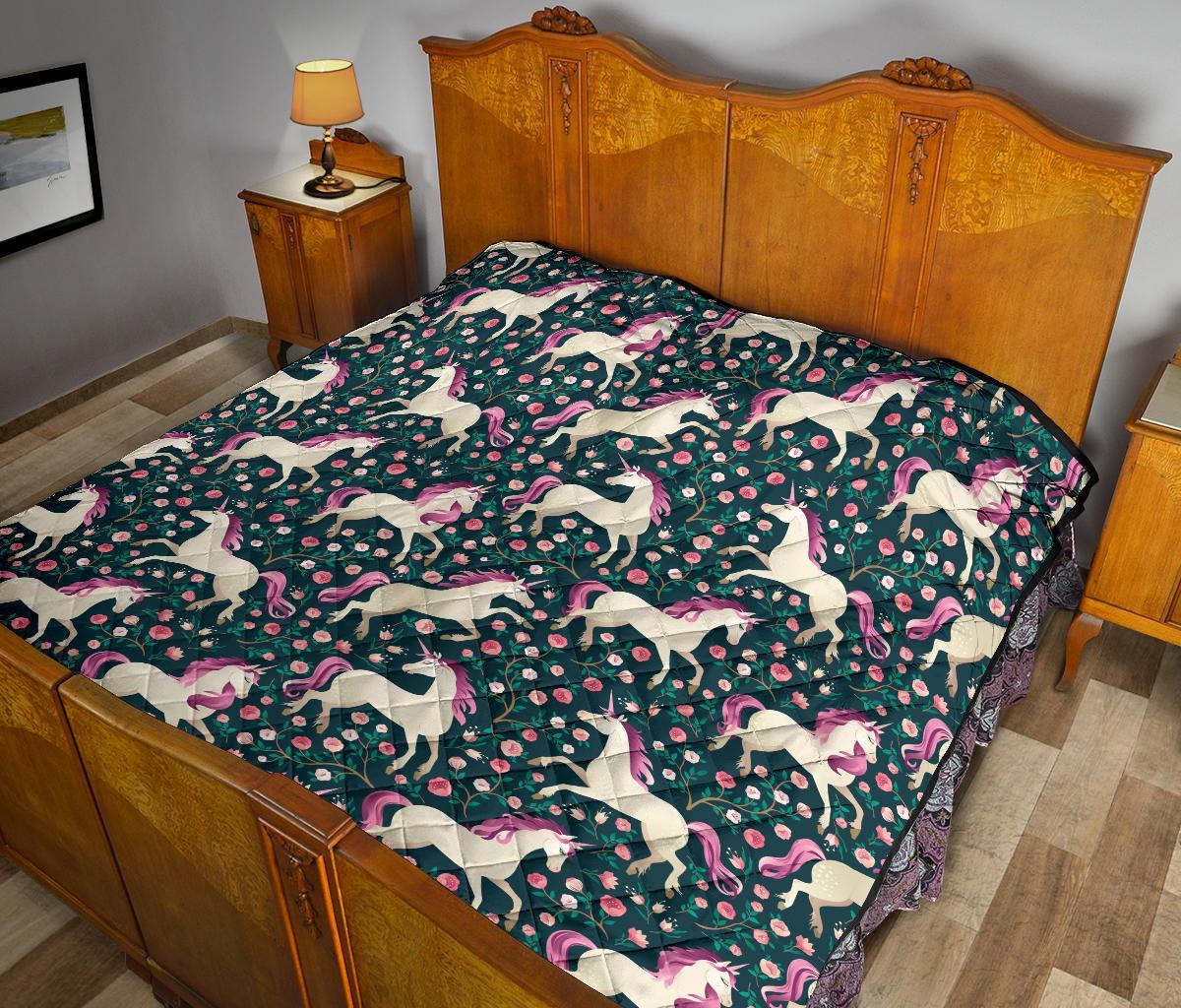 Unicorn Floral Pattern Print Quilt-grizzshop