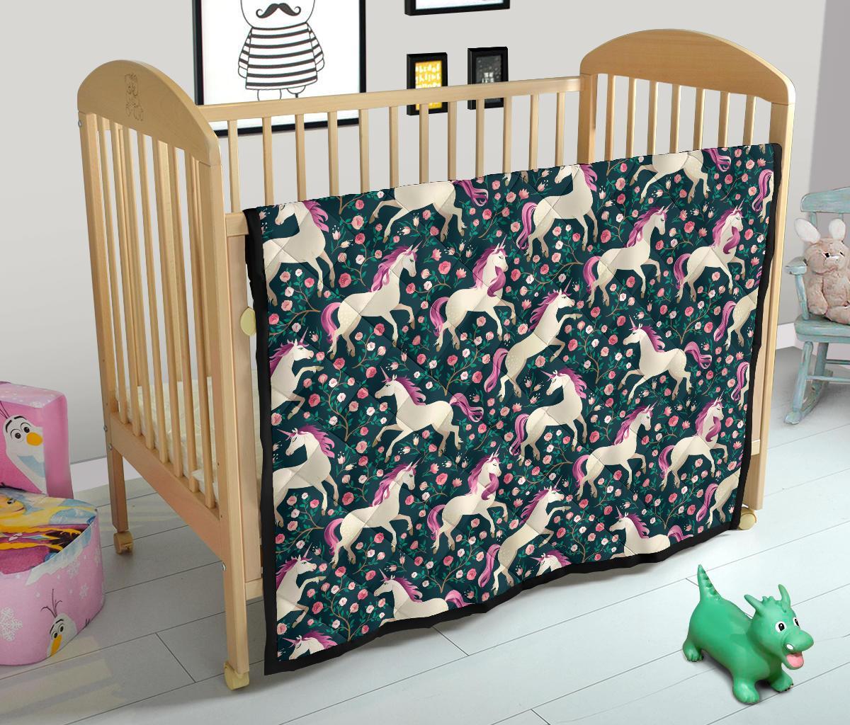 Unicorn Floral Pattern Print Quilt-grizzshop