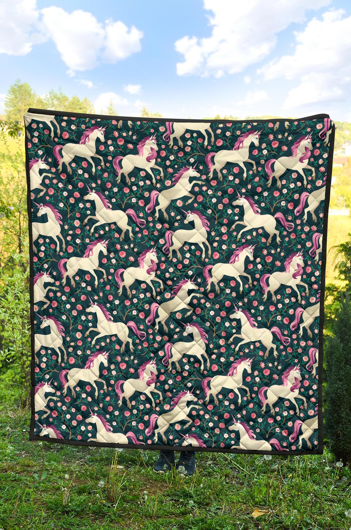 Unicorn Floral Pattern Print Quilt-grizzshop