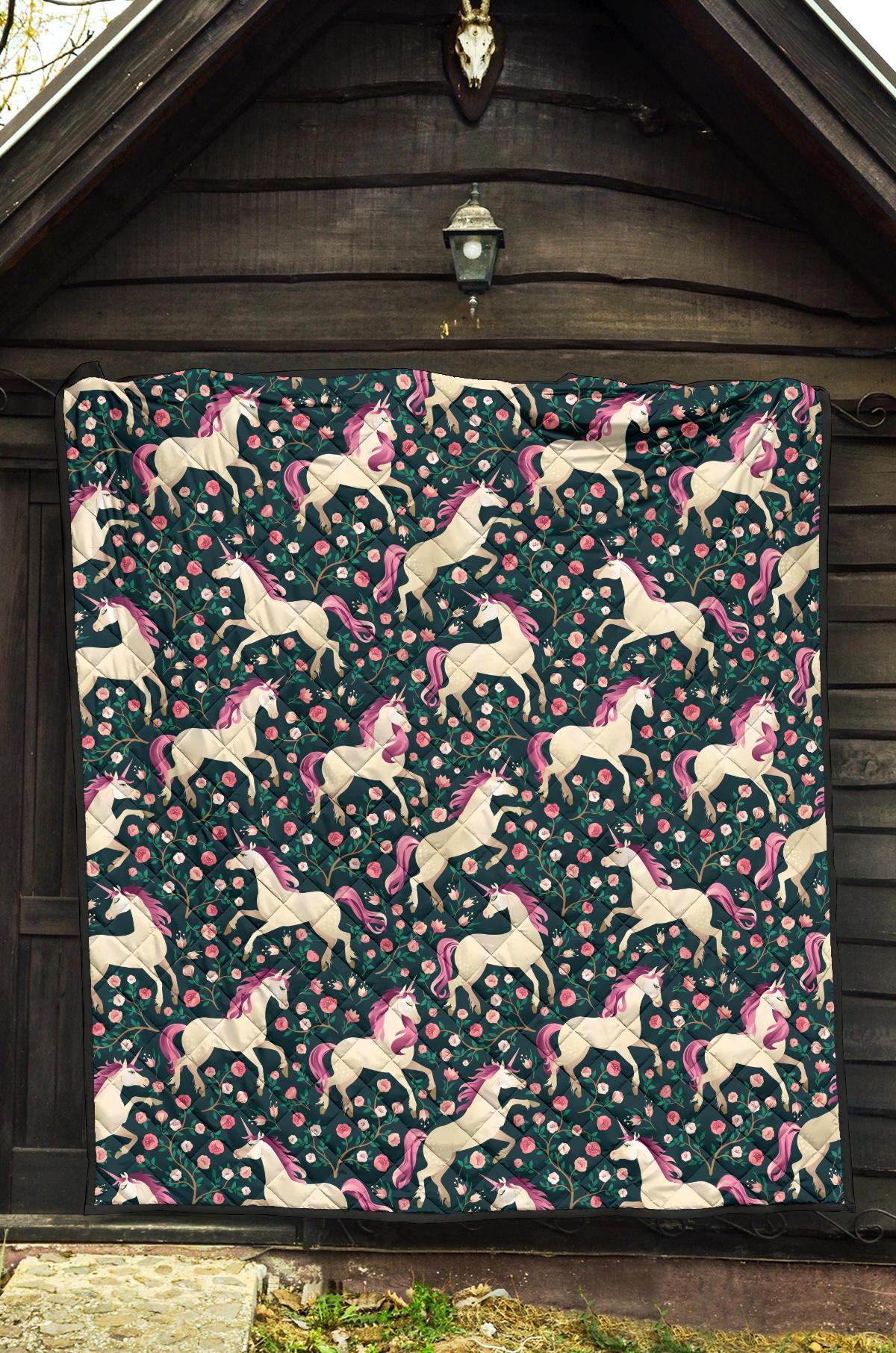 Unicorn Floral Pattern Print Quilt-grizzshop