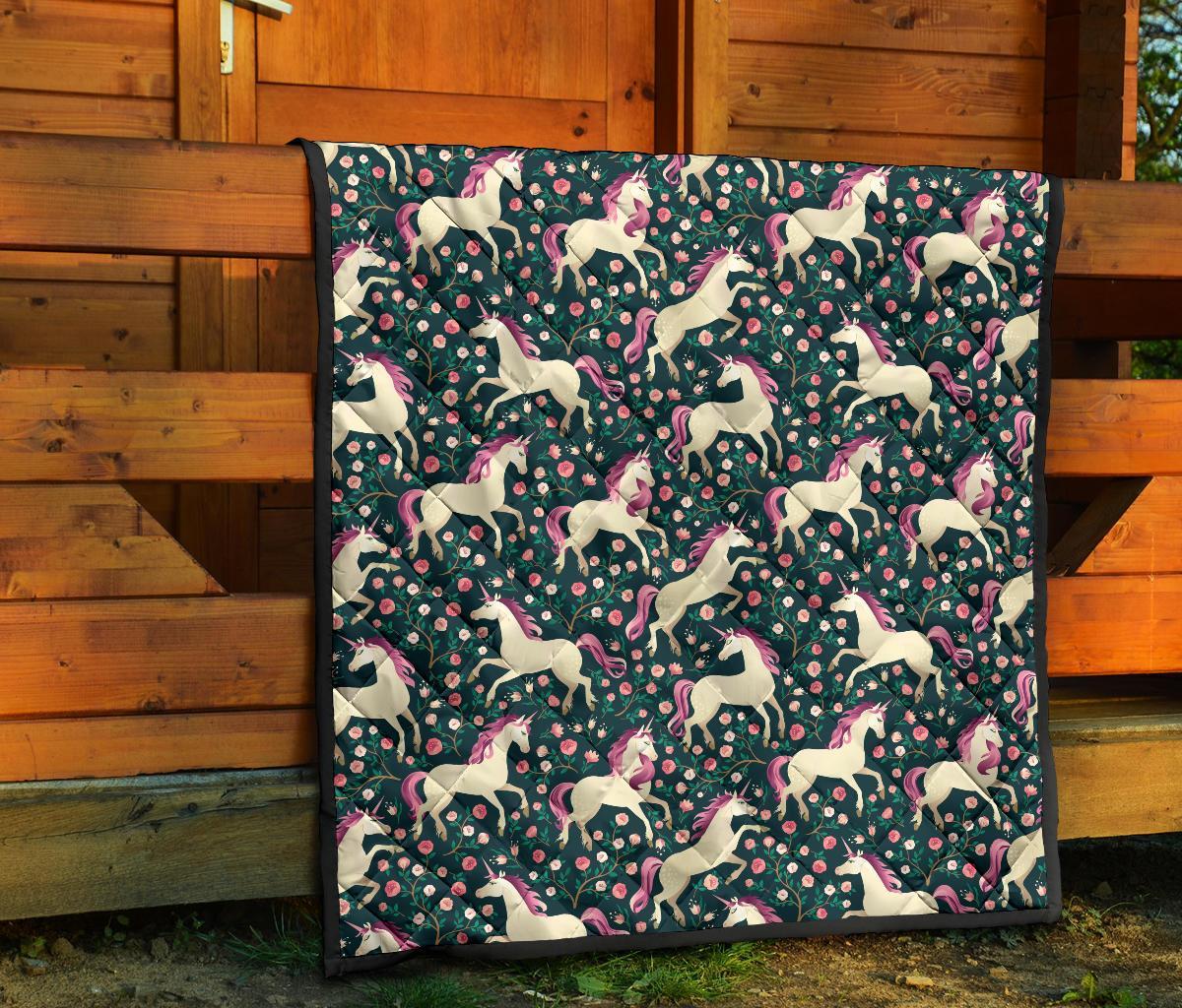 Unicorn Floral Pattern Print Quilt-grizzshop