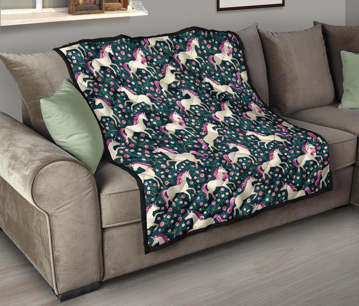 Unicorn Floral Pattern Print Quilt-grizzshop