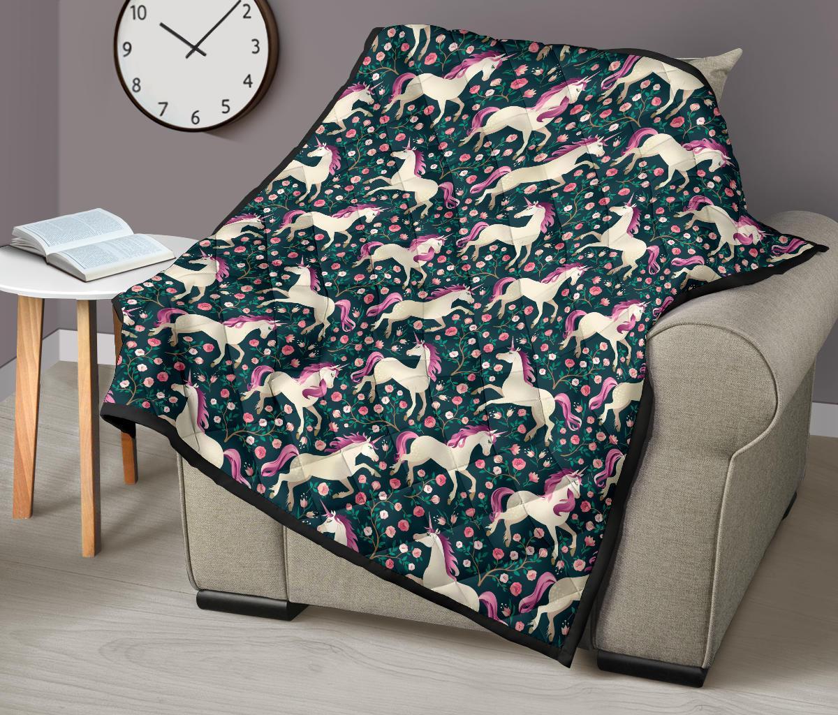 Unicorn Floral Pattern Print Quilt-grizzshop