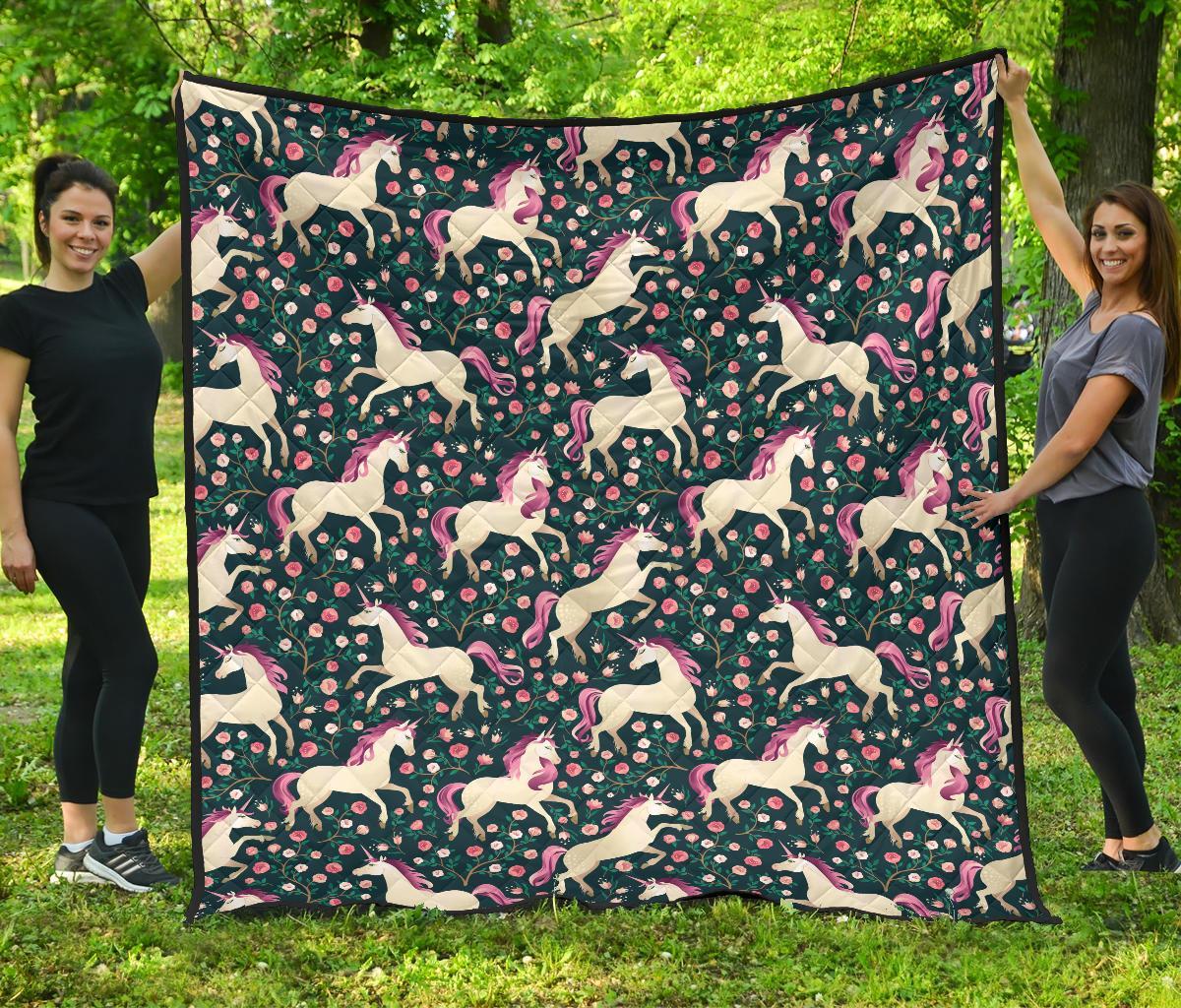 Unicorn Floral Pattern Print Quilt-grizzshop