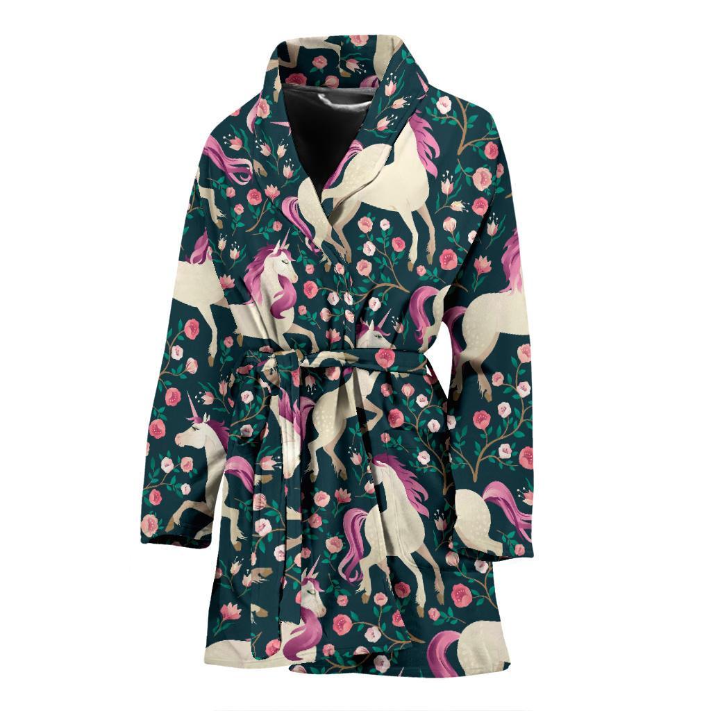 Unicorn Floral Pattern Print Women Long Robe-grizzshop