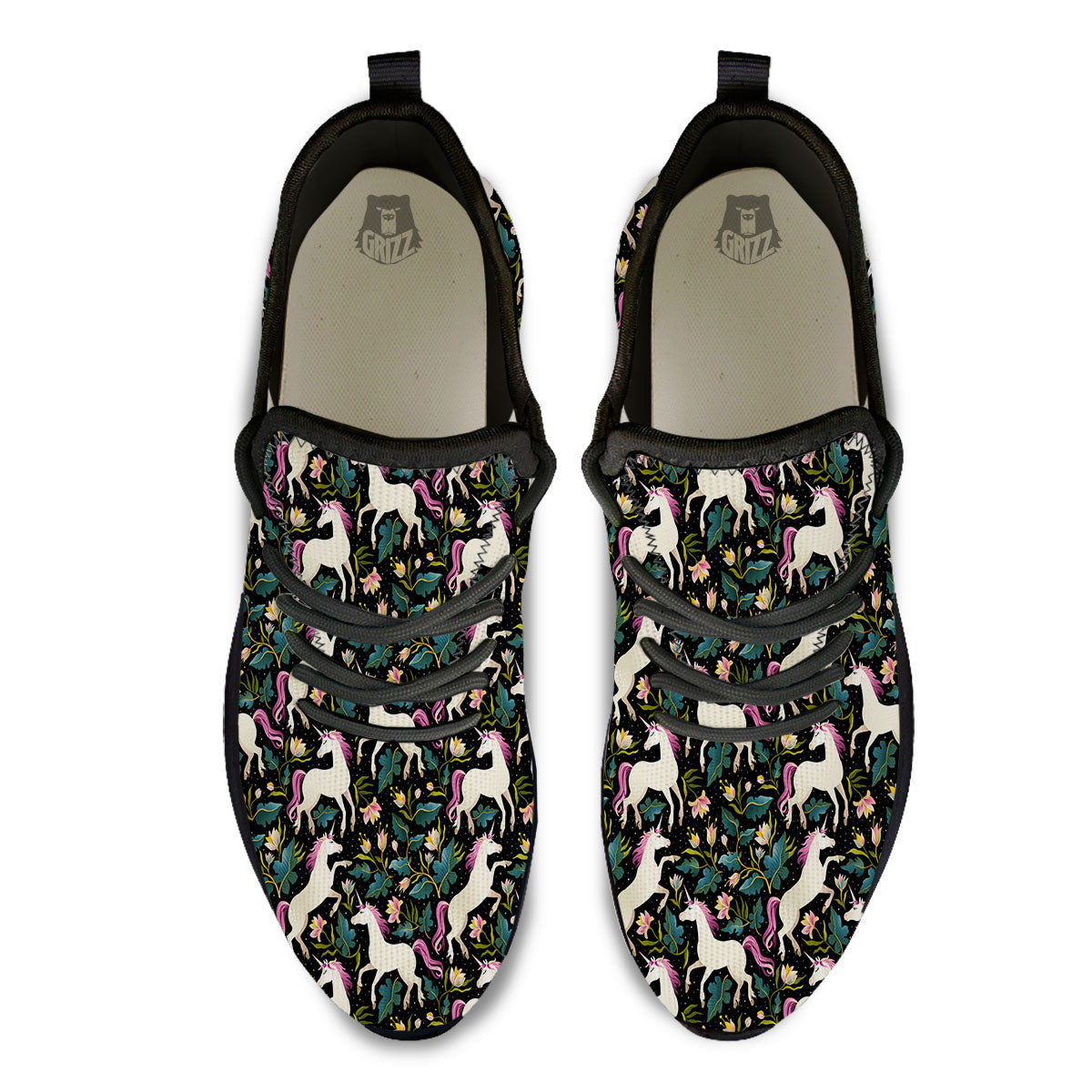 Unicorn Floral Print Pattern Black Athletic Shoes-grizzshop