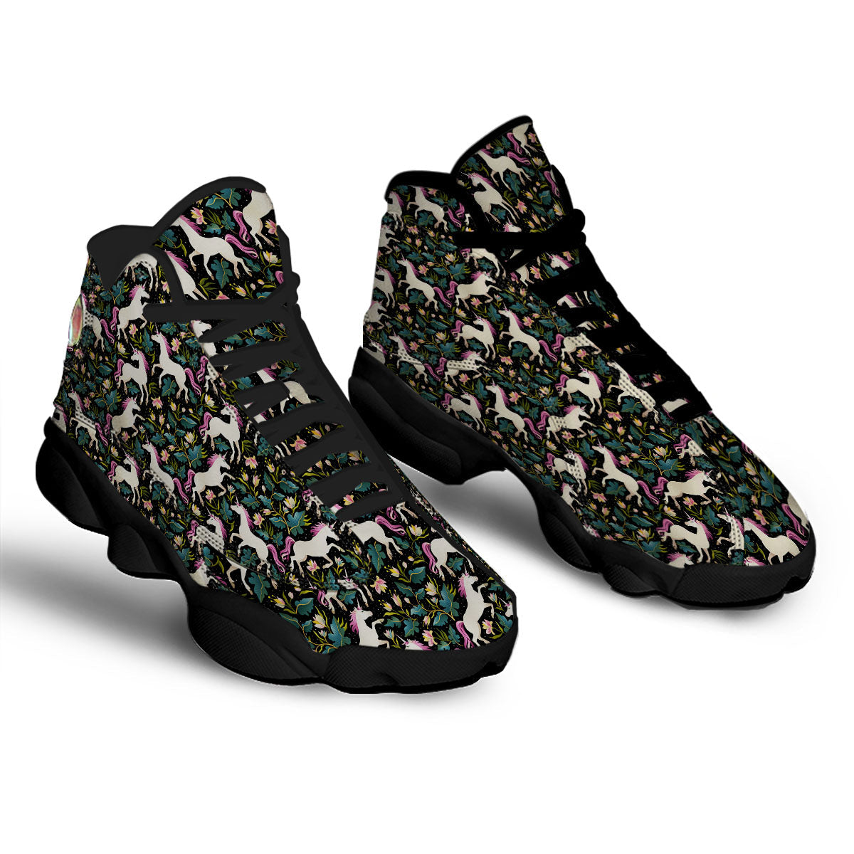 Unicorn Floral Print Pattern Black Basketball Shoes-grizzshop